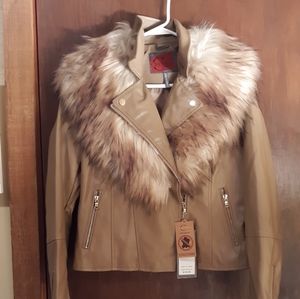 Women's Tan Faux Fur Collar Vegan Leather Jacket